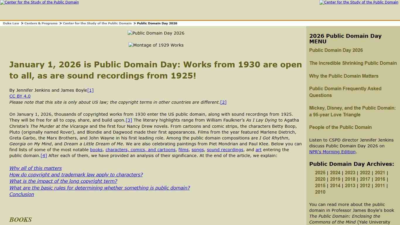 Public Domain Day 2026 Duke University School of Law